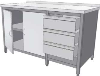 Nerezový pracovný stôl skríňový s blokom troch zásuviek, s krídlovímy alebo posuvnými dvierkami, spodné a vnútorné police.png